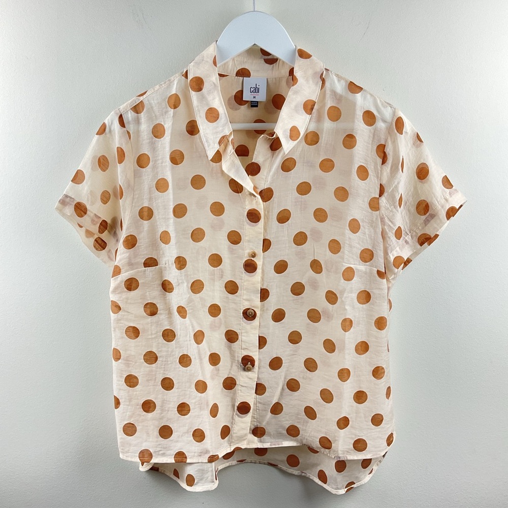 Cabi Polka Dot Button-Up Sheer Short Sleeve Shirt Cream and Brown Size Medium